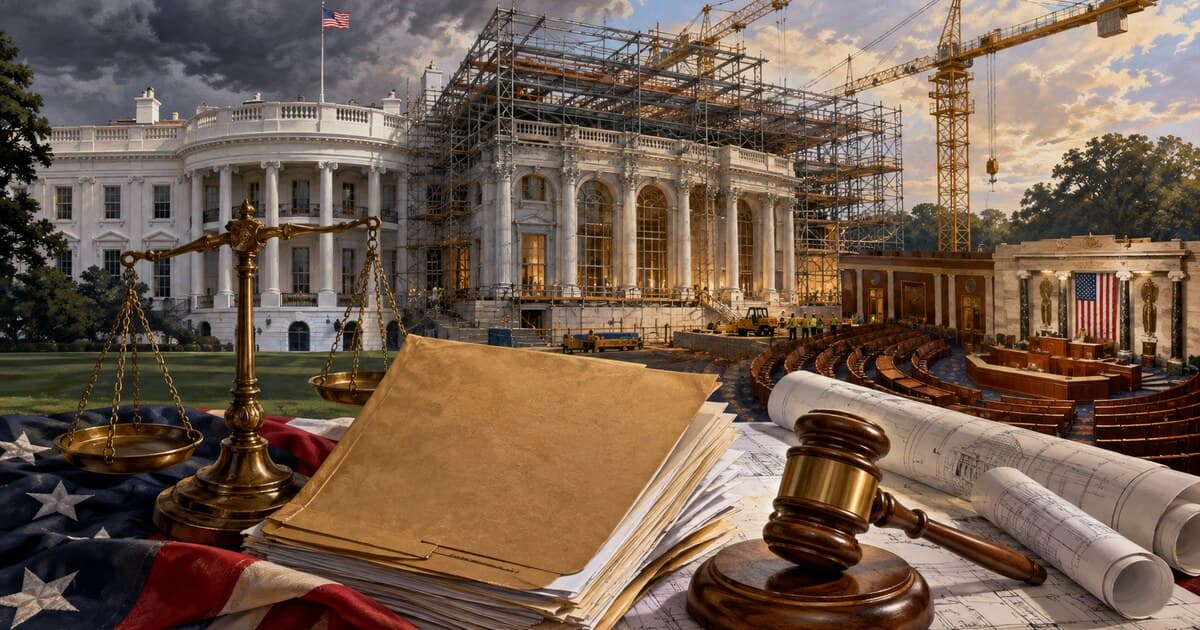 Original symbolic editorial montage of the White House and an unfinished classical ballroom with scaffolding, architectural plans, scales and a gavel representing court and congressional review.