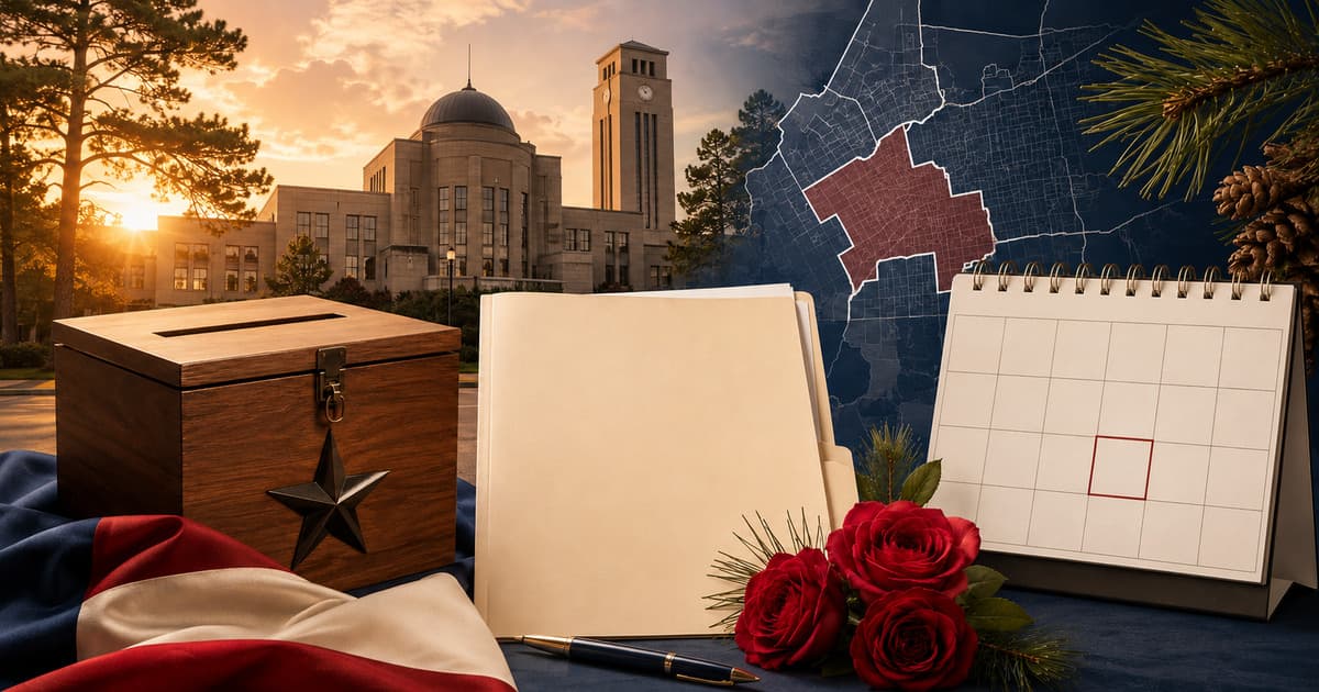 Original symbolic editorial illustration of a municipal building, ballot box, blank filing folder, district map and an unnumbered calendar marked for a deadline.