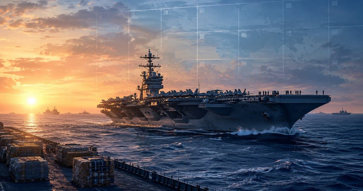 Original symbolic editorial illustration of a modern U.S. aircraft carrier at sea with anonymous sailors, replenishment pallets and an abstract calendar grid.